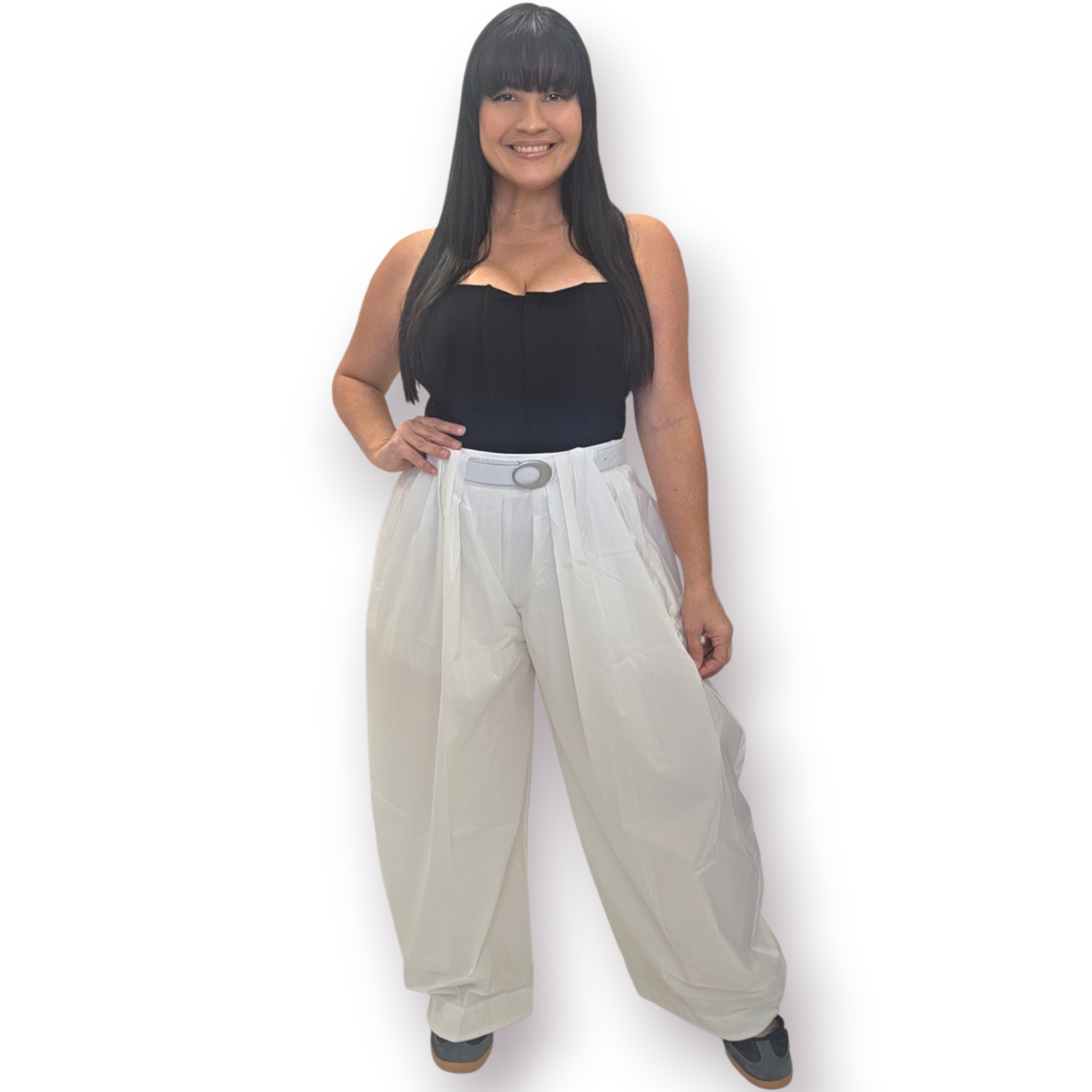 White pants with belt